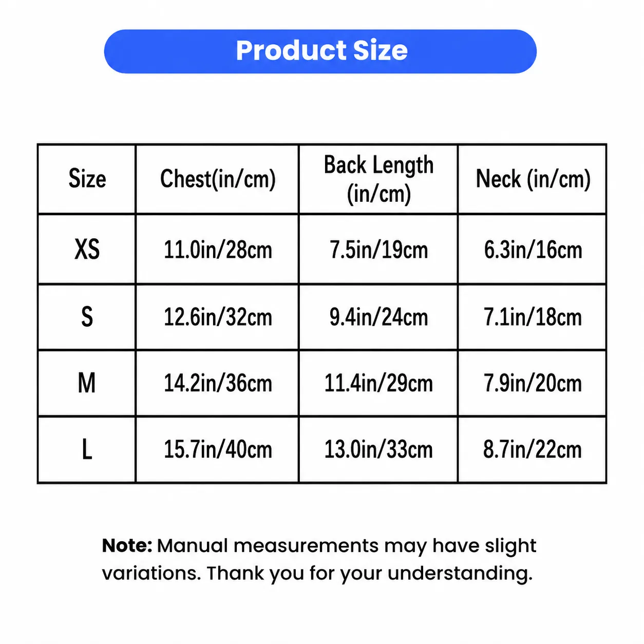 Dog dress size chart showing chest, back length and neck measurements for XS to L pet dresses