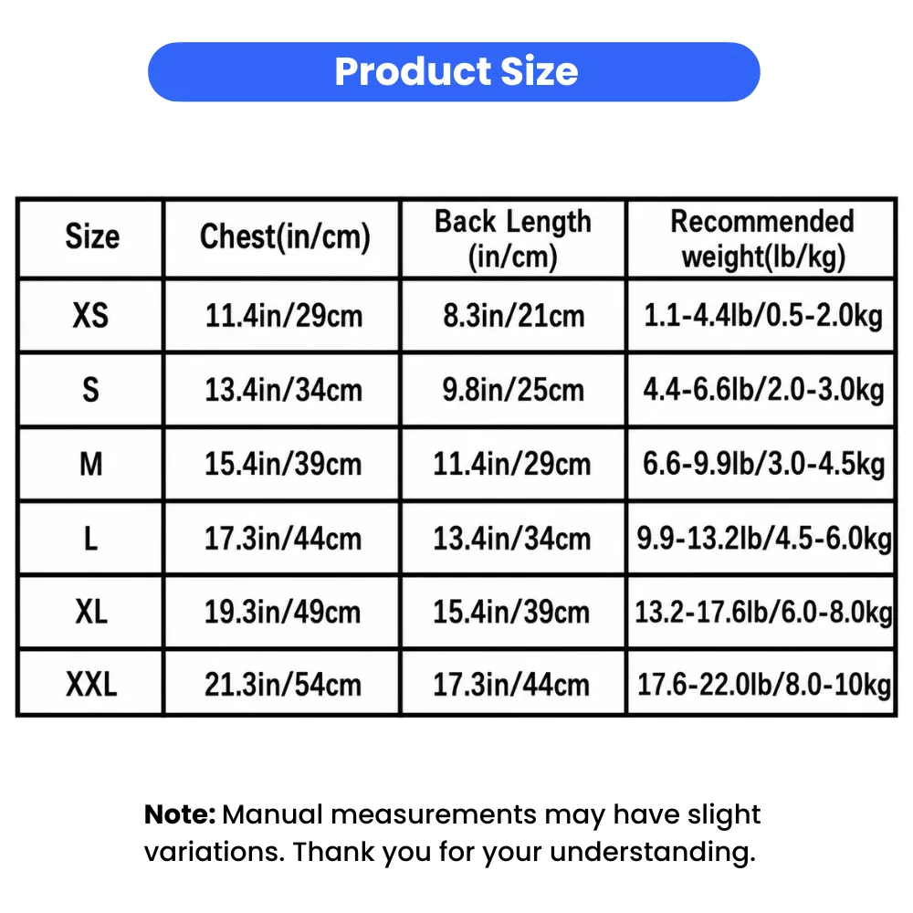 Size chart for floral denim dog dress with chest and back length measurements for small pets