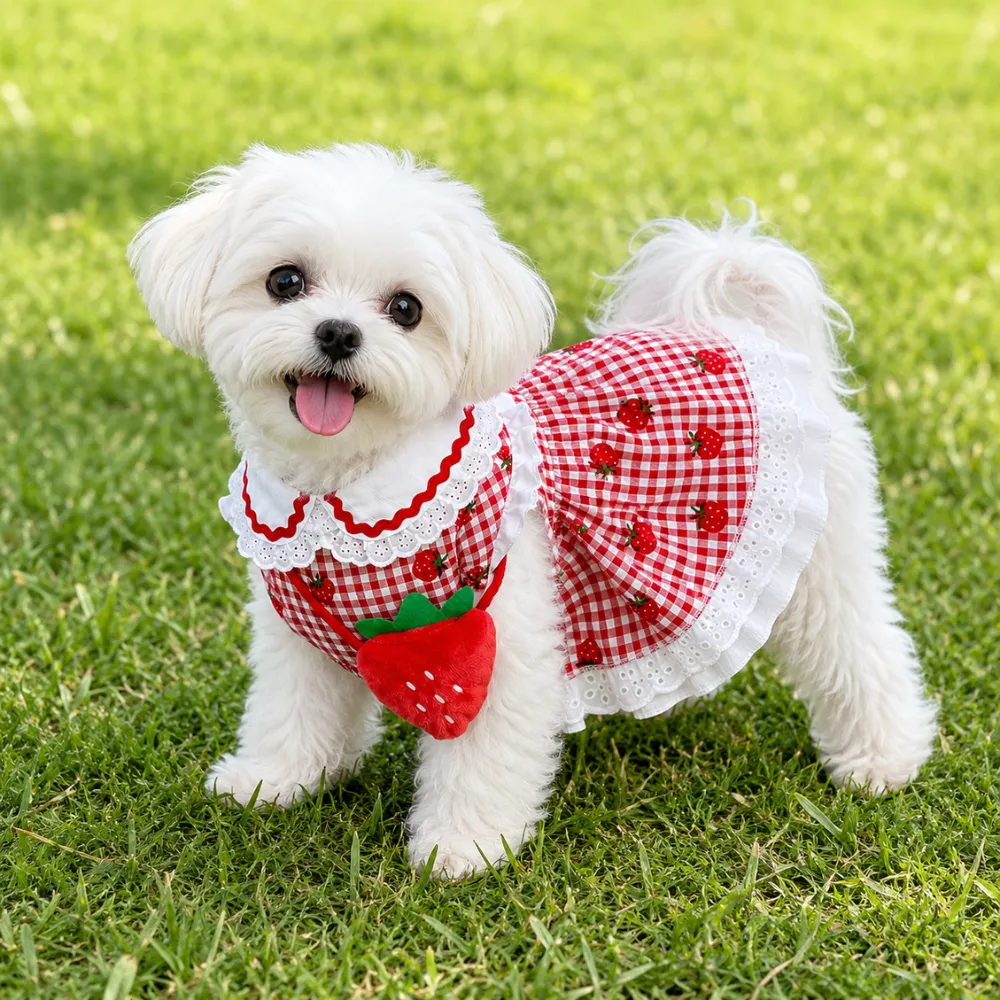 Small white dog wearing red strawberry plaid summer dress on green grass outdoors