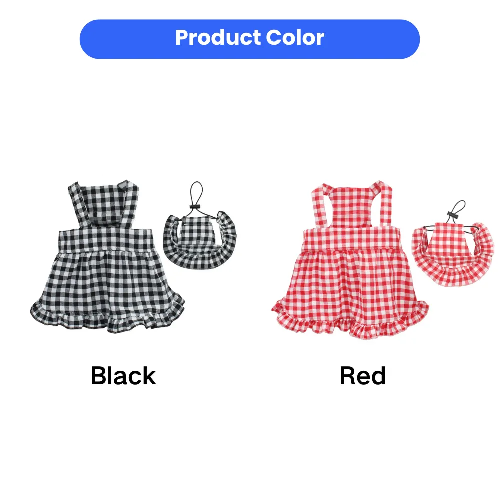 Black and red plaid dog dresses with matching hats for small pets