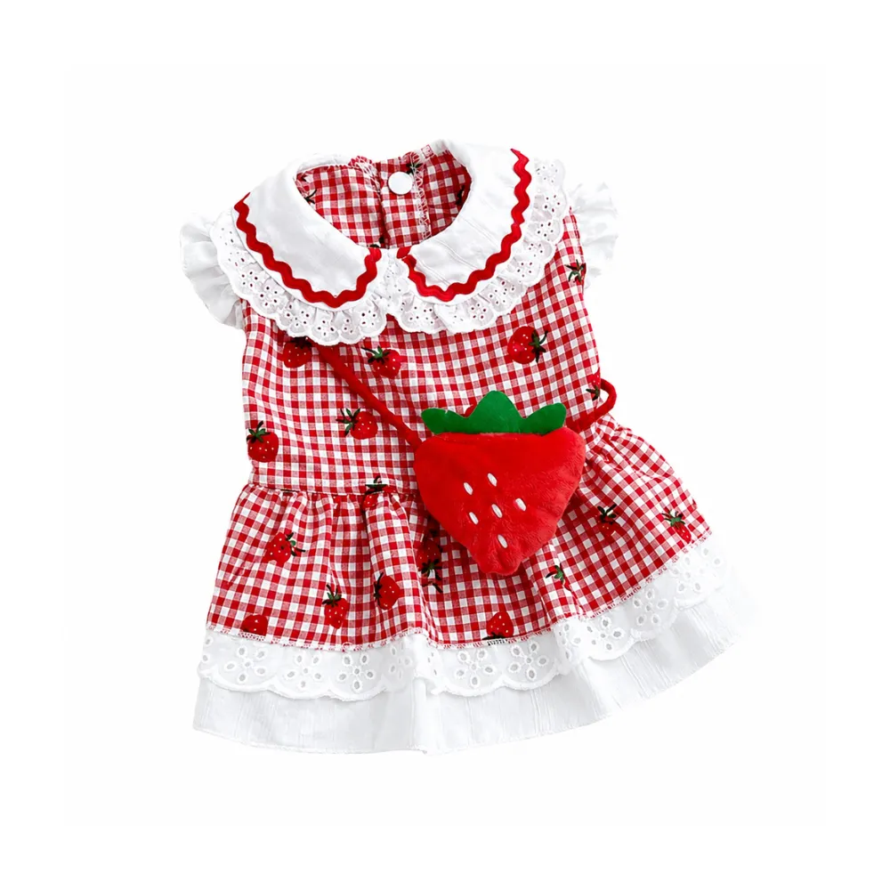 Red plaid strawberry print dog dress with lace hem and plush strawberry mini bag