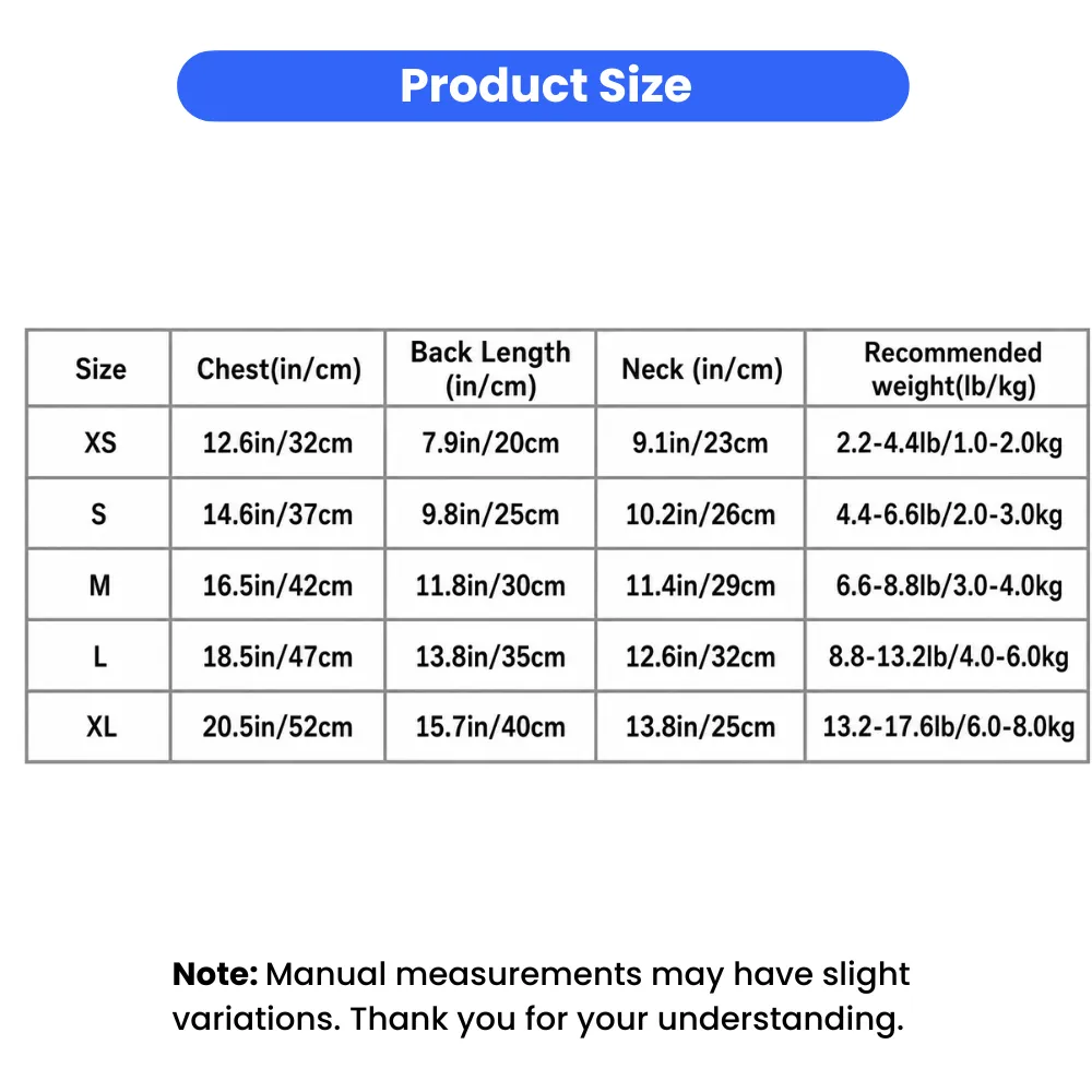 Size chart for small dog suspender dresses with chest neck and back length measurements