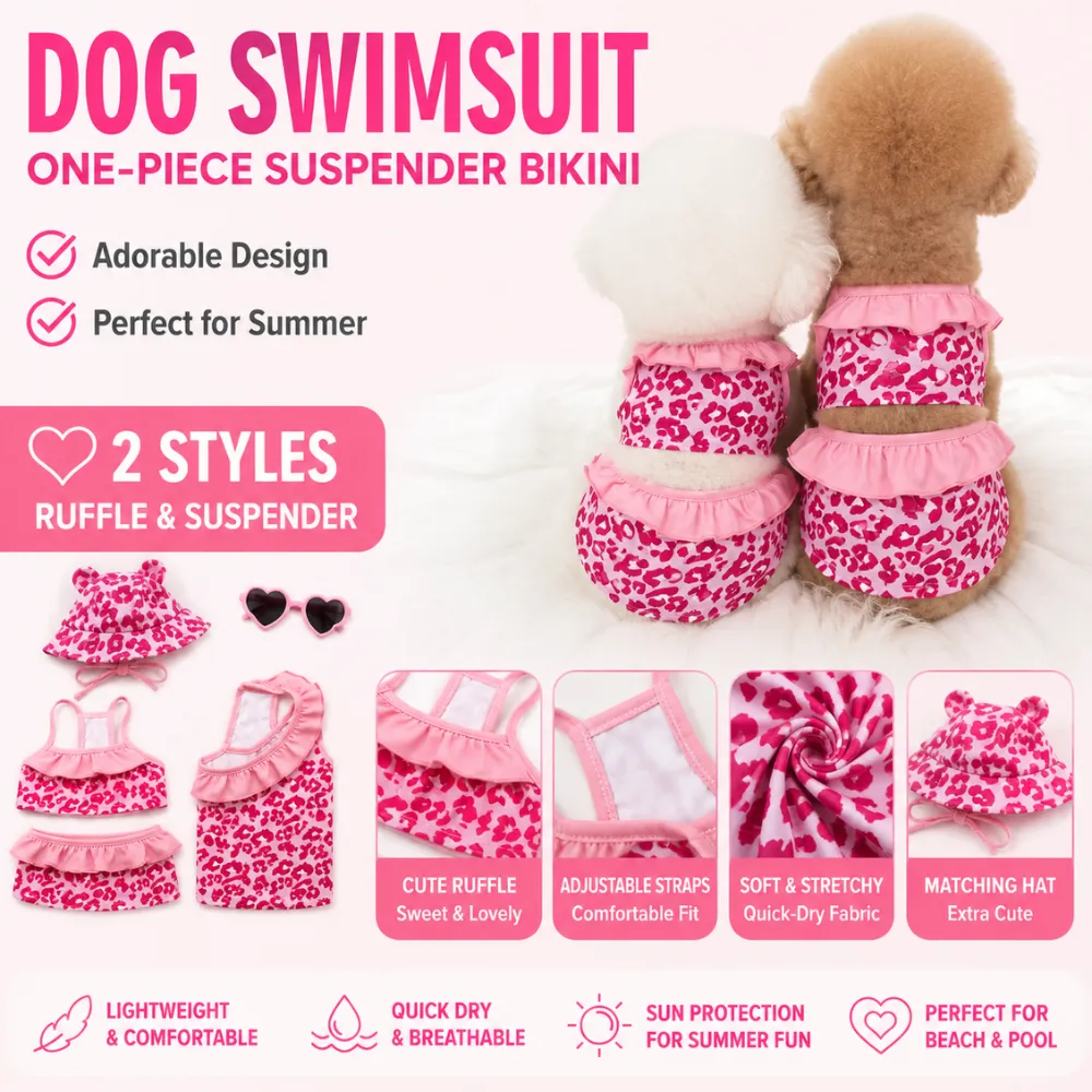Pink leopard print dog bikini swimsuit with ruffle details and matching hat for small dogs