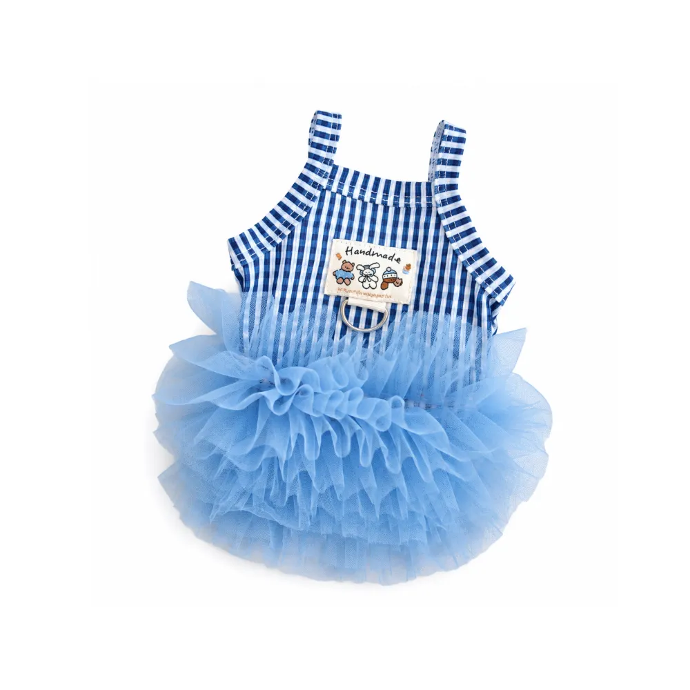 Blue plaid pet dress with fluffy mesh tutu skirt isolated on white background
