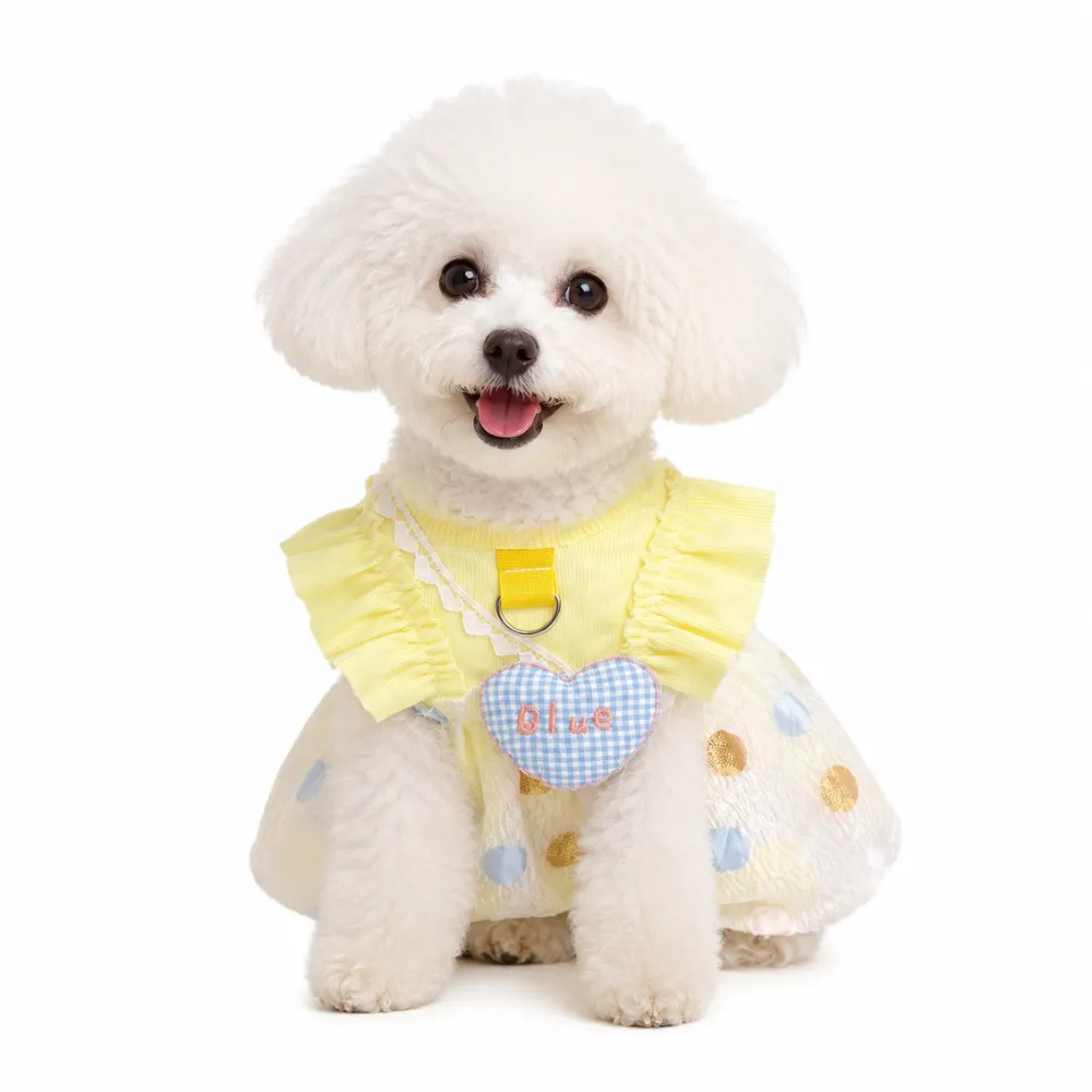Cute Ice Silk Bubble Dog Dress for Small Dogs Small white dog wearing yellow ice silk bubble dress with breathable summer design for cats and small dogs