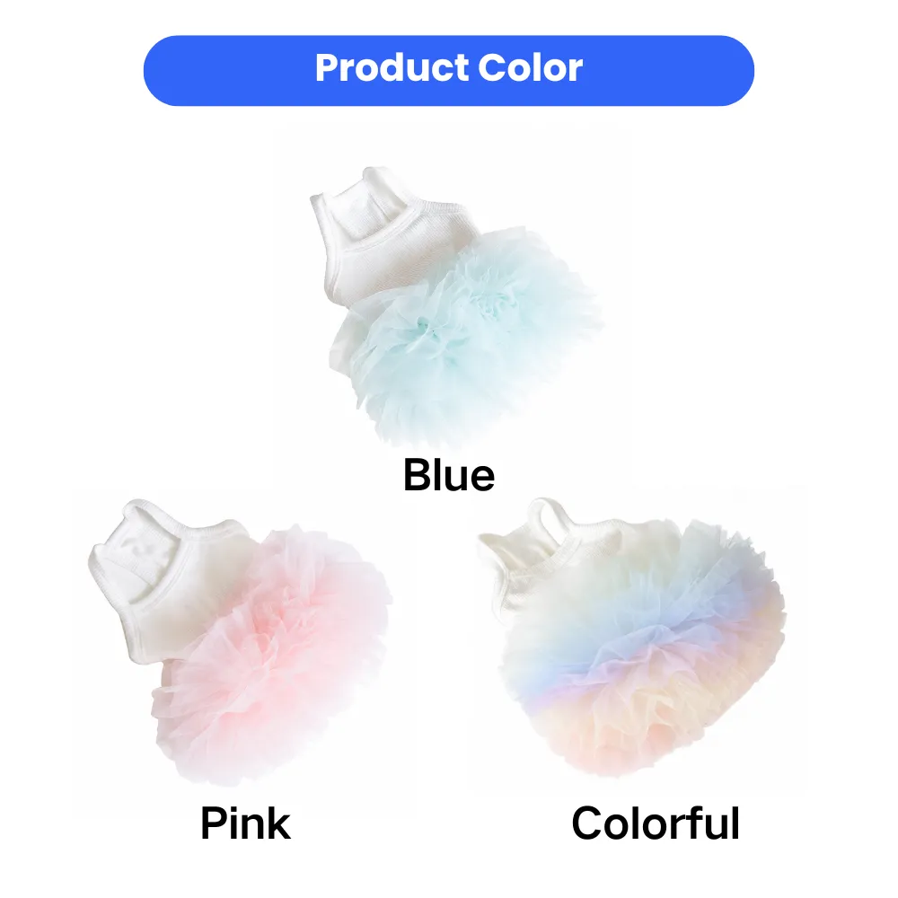 Blue pink and colorful ballet tutu dog dresses for small dogs displayed in multiple color options
