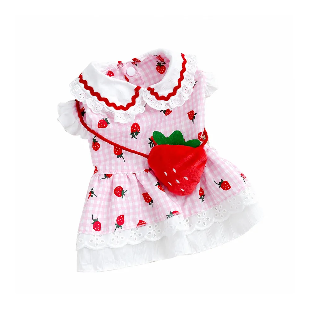 Pink strawberry print pet dress with lace collar and plush strawberry bag for small pets