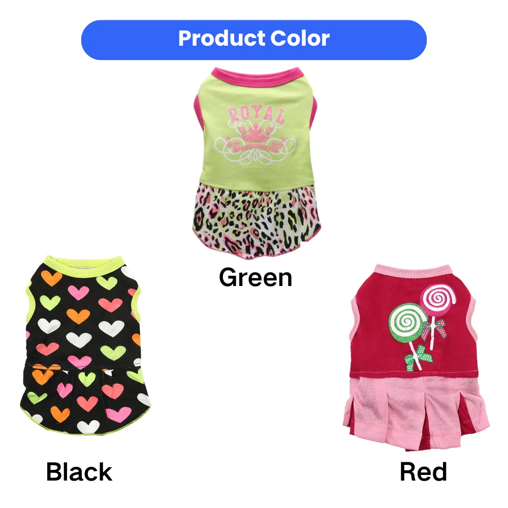 Assorted colorful dog dresses including leopard print, heart print and candy pattern styles