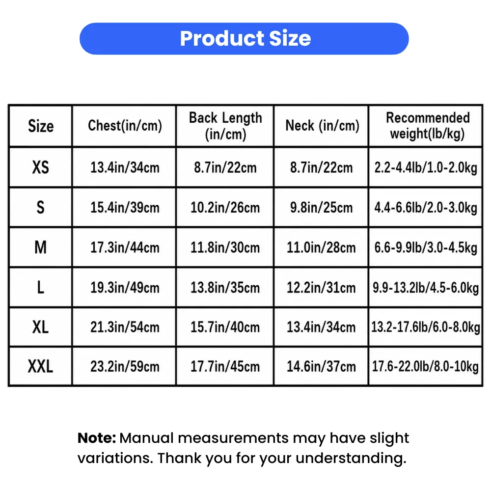 Size chart for rainbow striped dog dress with chest, neck, back length, and recommended pet weight measurements