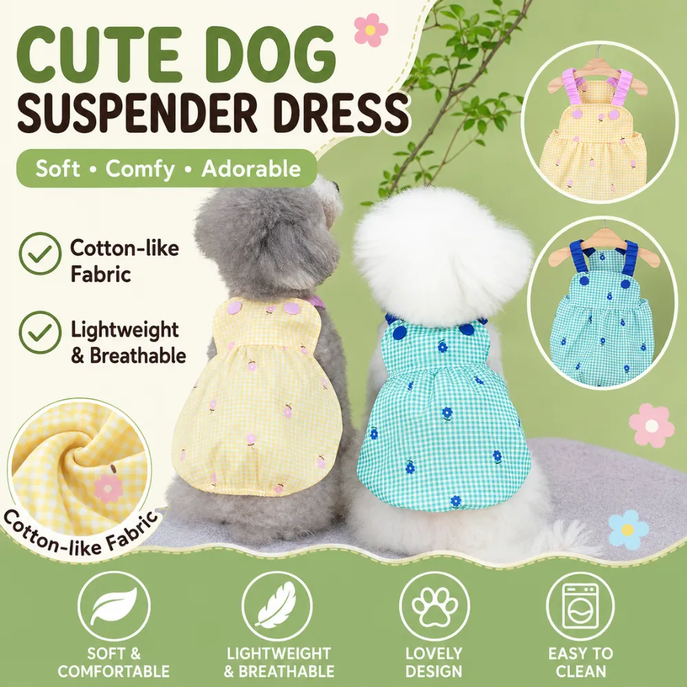 Cute gingham dog suspender dresses with breathable cotton-like fabric for small dogs