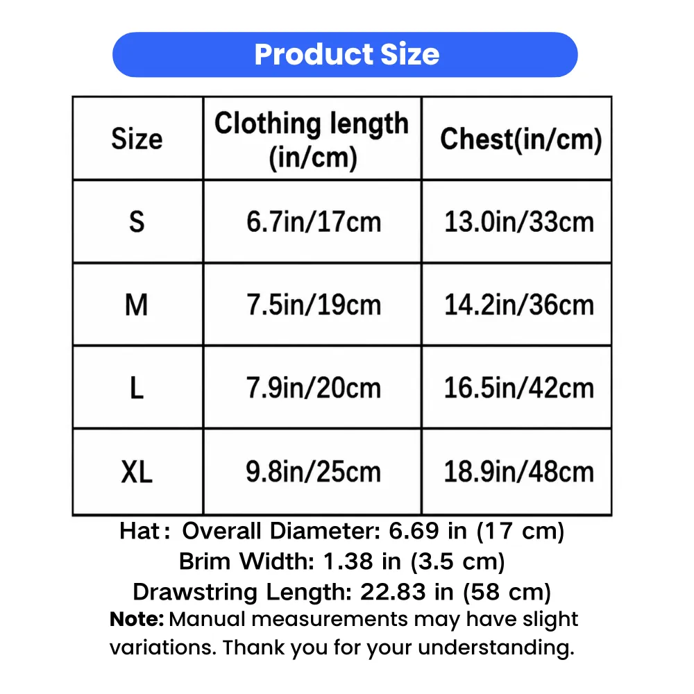 Size chart for dog swimsuit bikini outfit with chest and clothing length measurements in inches and centimeters