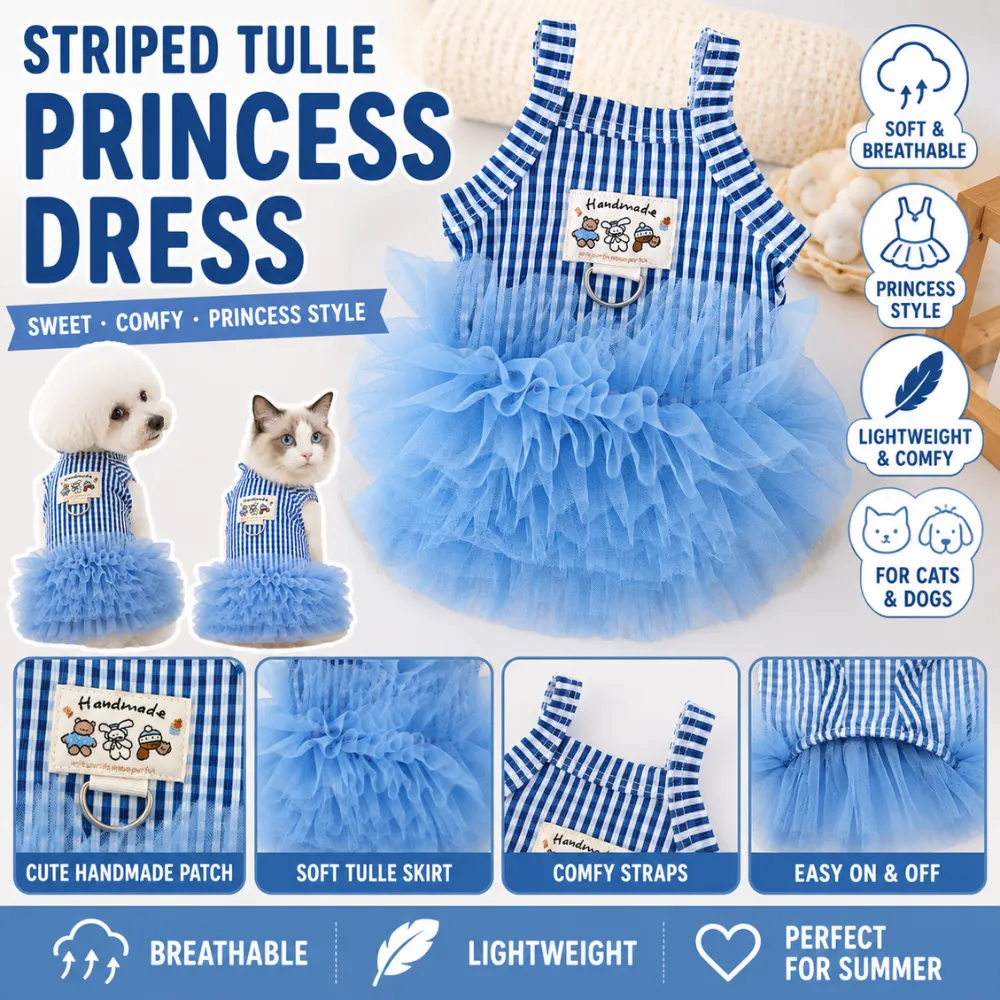 Blue striped tulle princess dress for dogs and cats with breathable lightweight fabric and soft mesh skirt