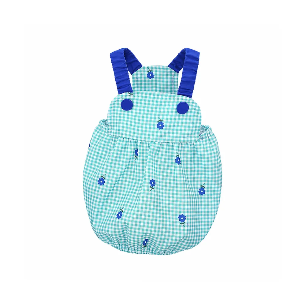 Green gingham suspender dog dress with floral embroidery for small dogs