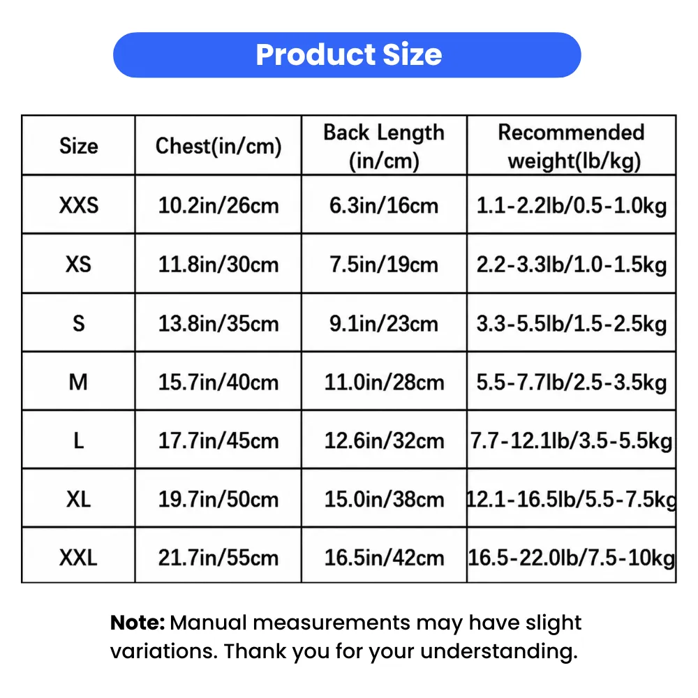 Size chart for blue striped tulle pet dress with chest, back length and recommended weight measurements