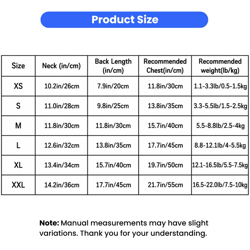 Size chart for plaid dog dress with neck, chest, back length and weight measurements