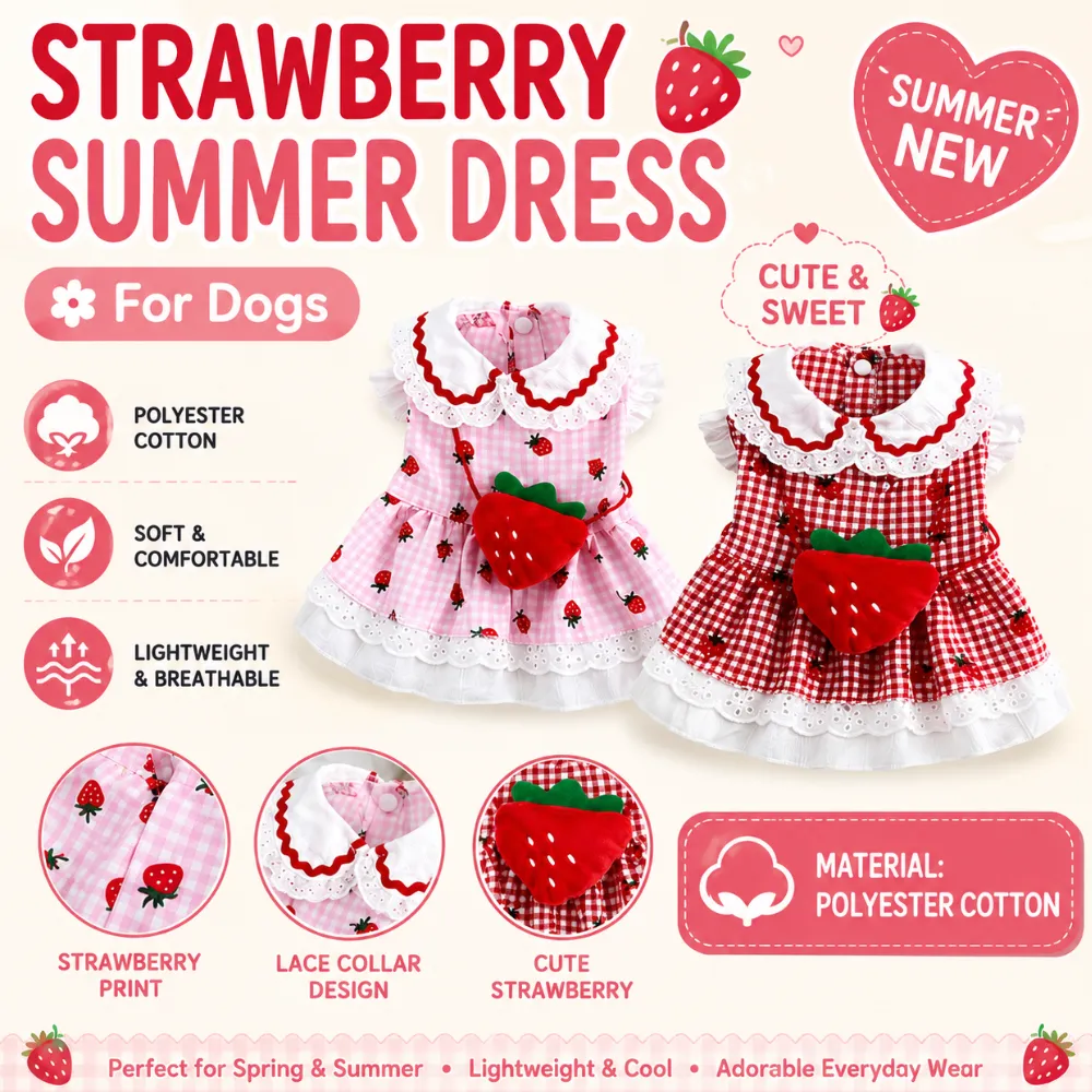 Strawberry print dog dresses with lace collar, breathable polyester cotton fabric, and cute summer design