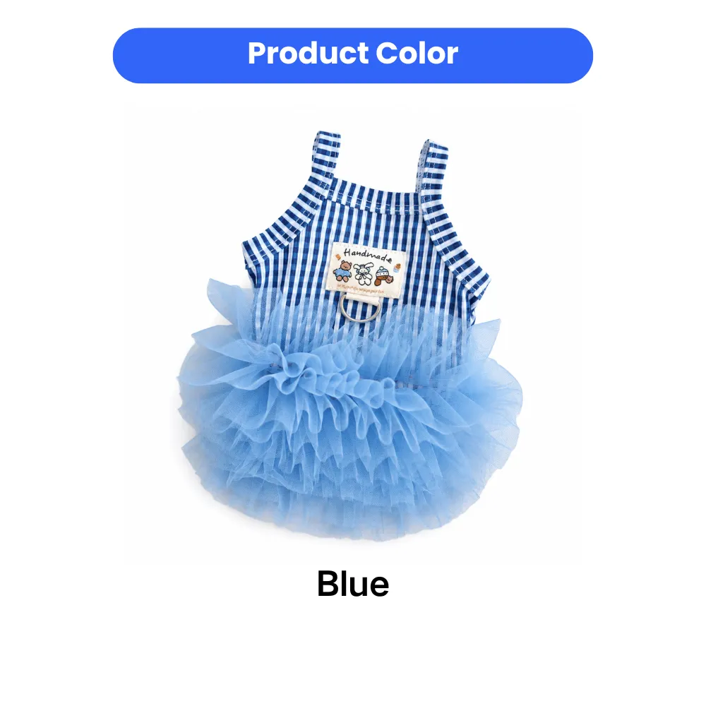 Blue plaid pet dress with soft layered tulle skirt and leash ring for cats and small dogs
