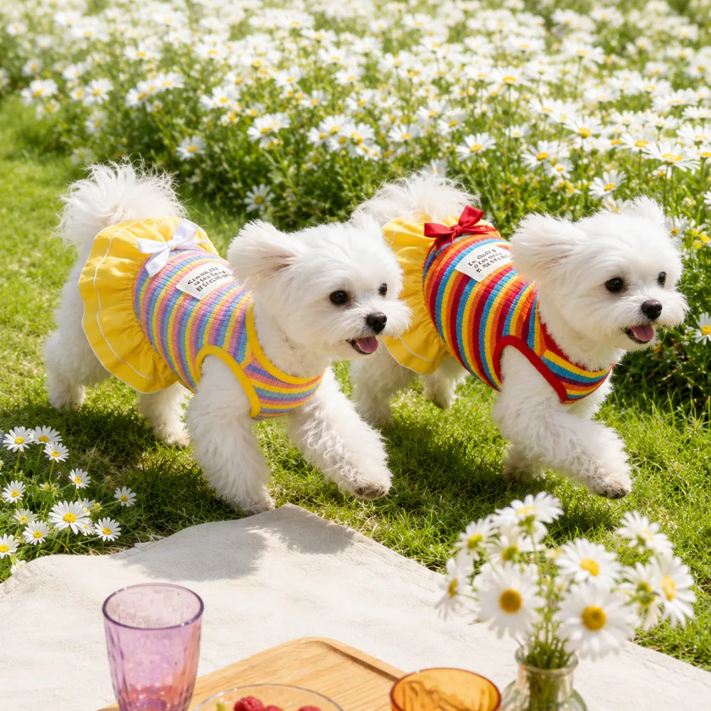Three small white dogs wearing colorful rainbow striped dog dresses while walking outdoors on grass