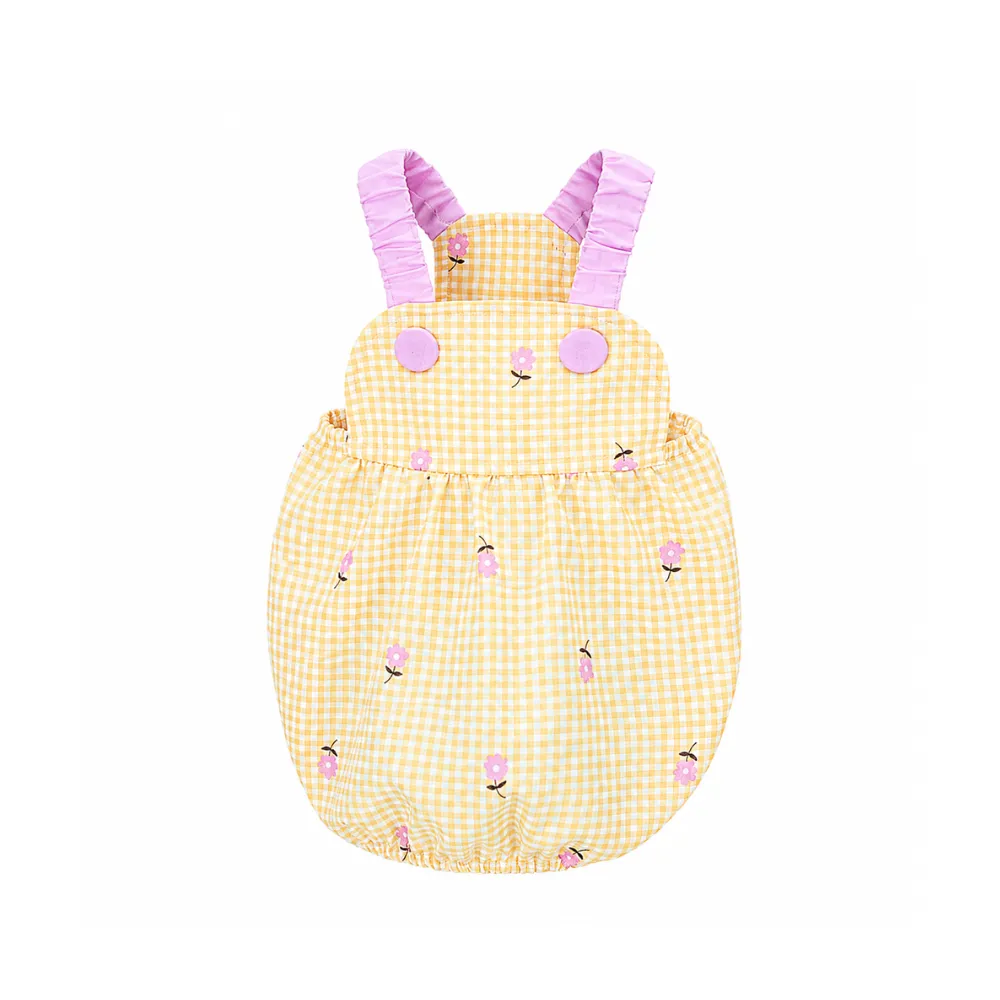 Yellow plaid dog suspender dress with pink straps for cats and small dogs