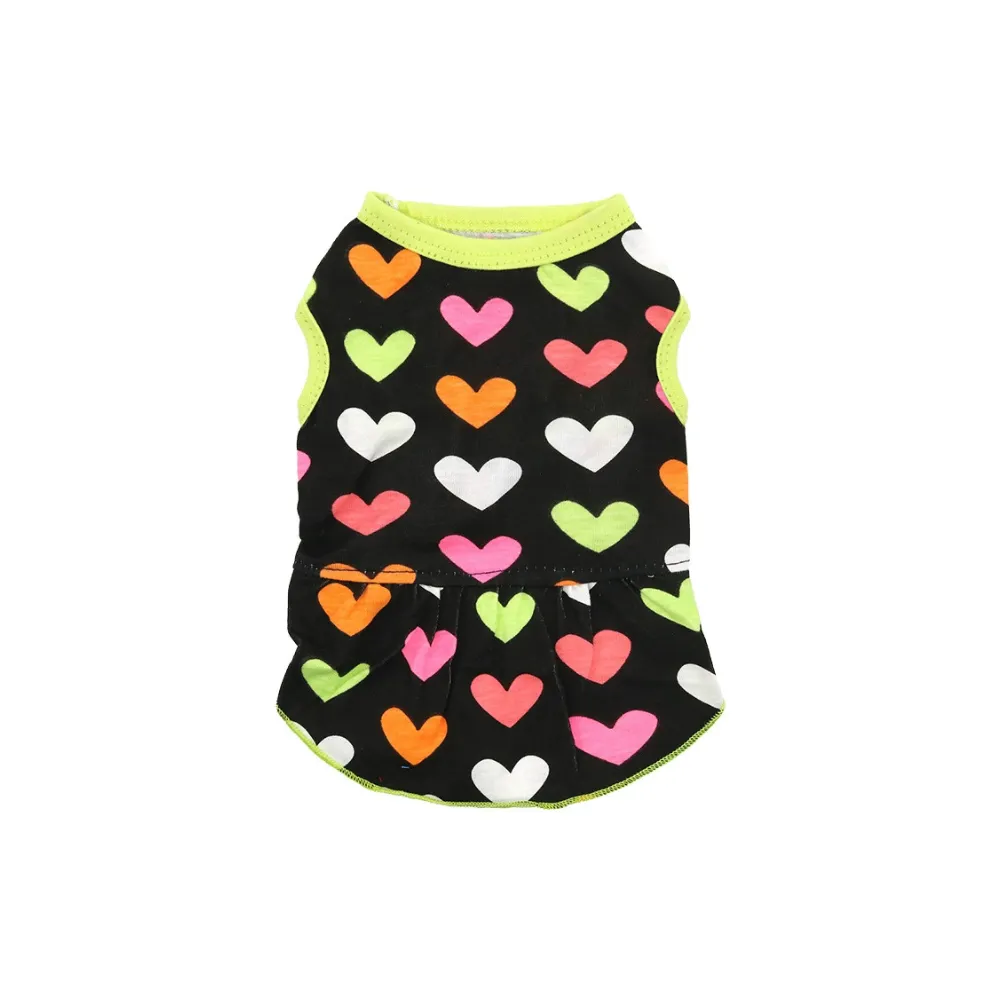 Black dog dress with colorful heart print pattern for small dogs
