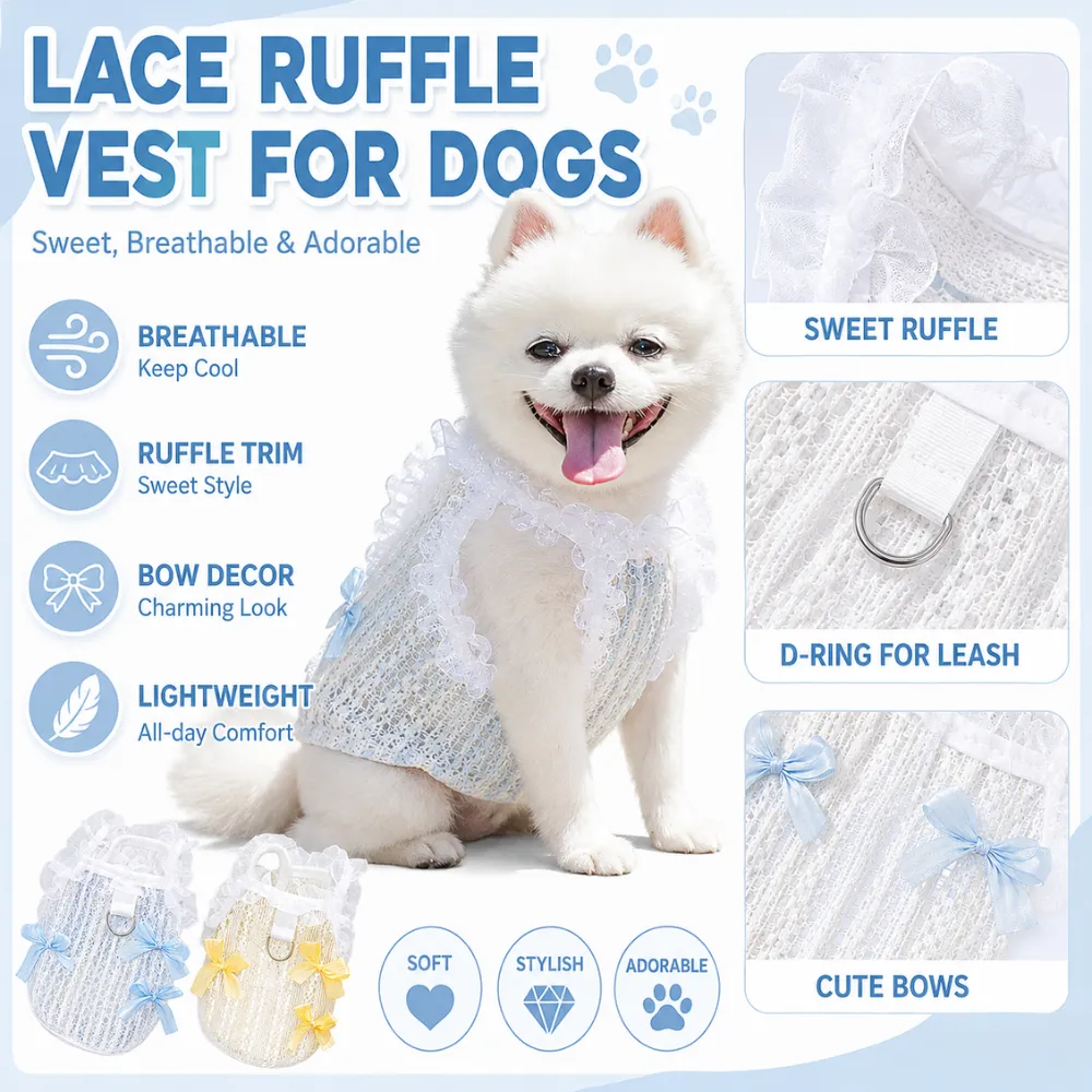 Breathable Lace Ruffle Vest for Dogs Wholesale Breathable lace dog vest with ruffle trim, bow decor and lightweight design for pets