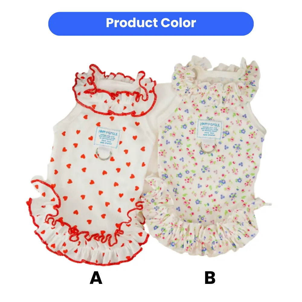 Two ruffled pet dresses side-by-side: Option A features a red heart pattern on white, and Option B features a multicolor floral print.