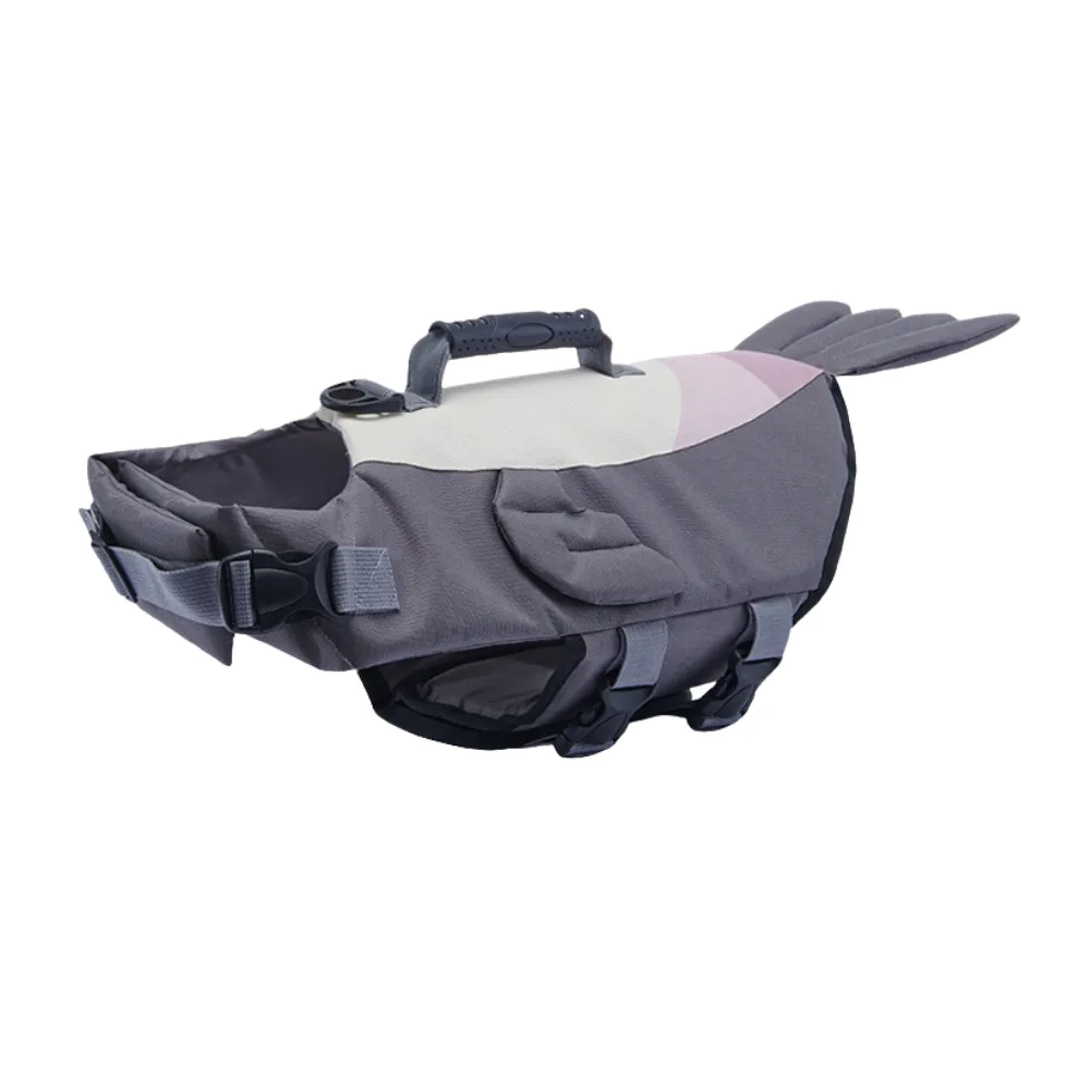 Gray bird-themed dog life jacket with wings and a tail for water safety.