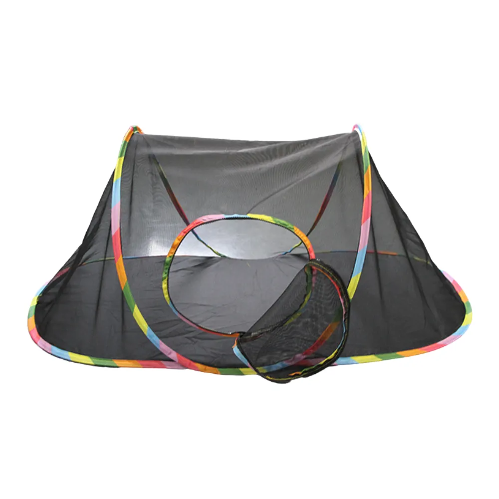 Dome Shaped Mesh Pet Tent for Summer Large black mesh dome tent for cats and small pets with rainbow trim and a circular entrance