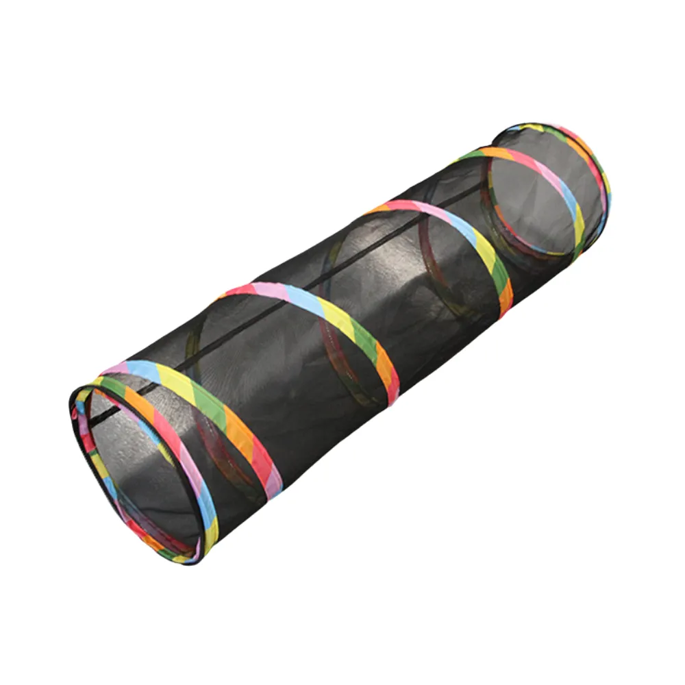 Foldable Straight Mesh Cat Tunnel Long straight black mesh tunnel for cats with colorful rainbow striped trim for portable pet fun