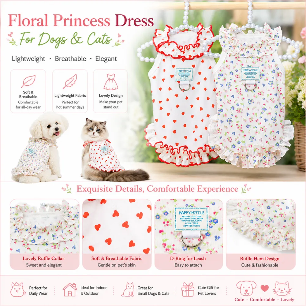 A promotional poster for the Floral Princess Dress highlighting features like breathable fabric, ruffle collar, and leash D-ring.