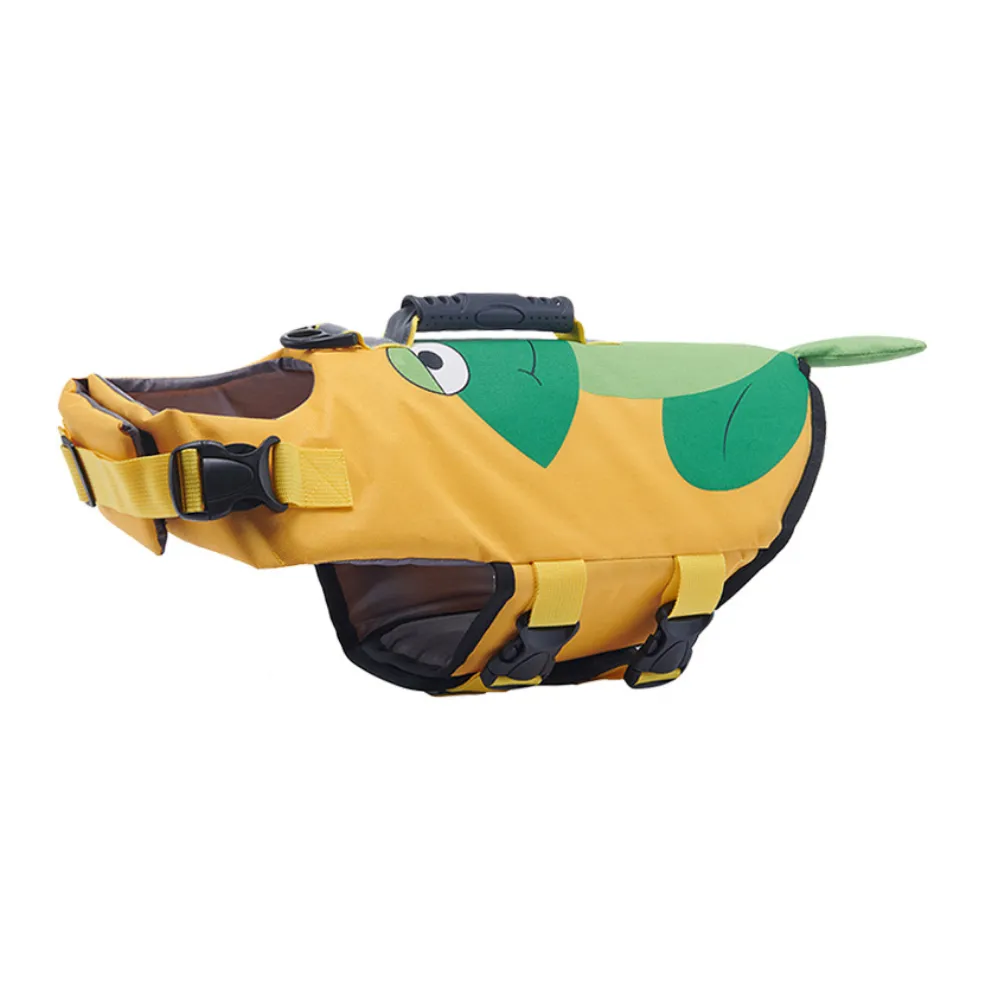 Yellow and green frog-themed dog life jacket with cartoon eye details.