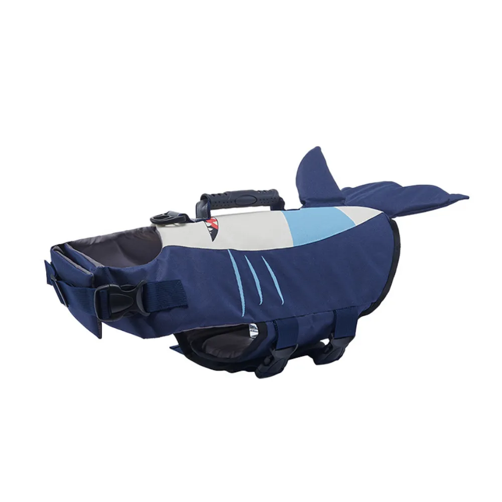 Blue shark-themed dog life vest with a realistic dorsal fin and tail.