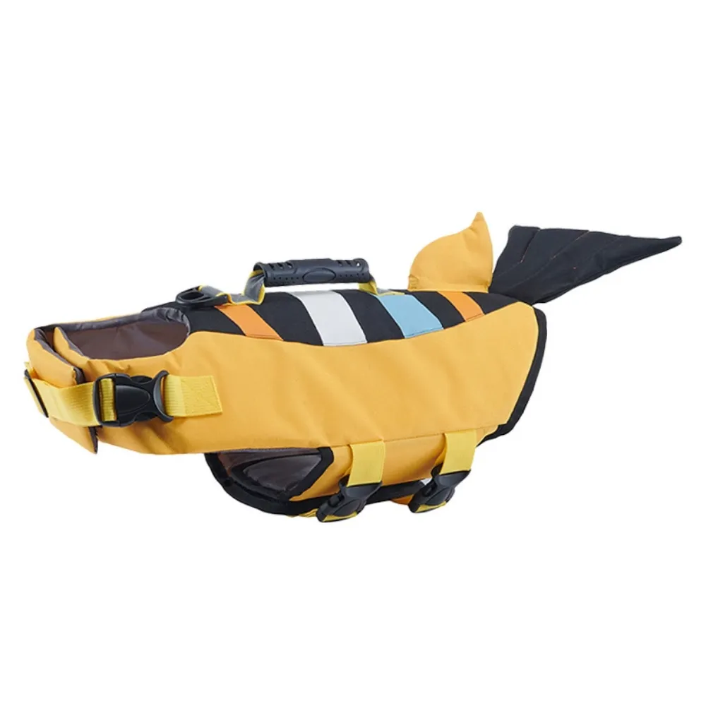 Yellow and black striped dog swimming vest with a top fin and rescue handle.