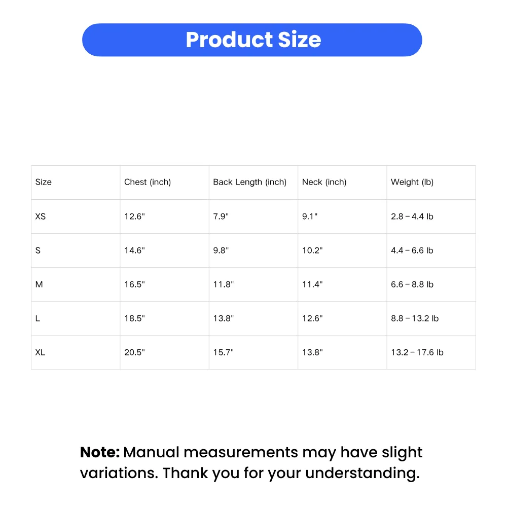 Table showing size measurements for pet tank tops from XS to XL, including chest, back length, neck, and weight in inches and lbs.