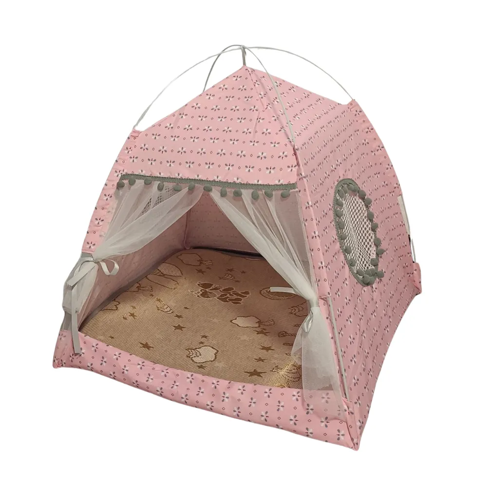 Breathable Pink Floral Pet Tent Bed Front view of a pink floral cat tent featuring a soft interior mat and decorative grey pom poms on a white background.