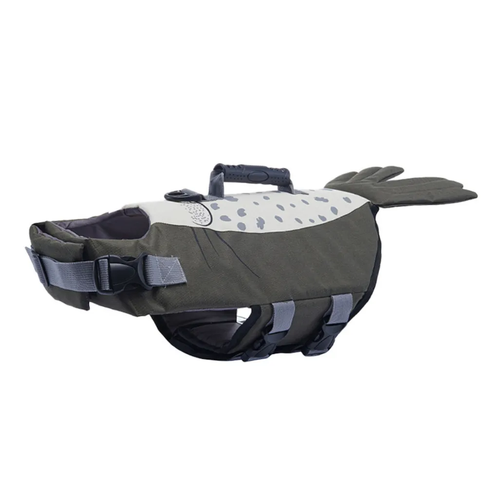 Olive green seal-patterned dog life preserver with flipper and tail details.