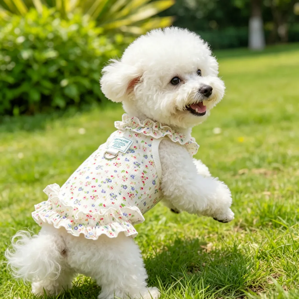 A happy white fluffy dog playing outdoors on grass while wearing a floral ruffled pet dress.