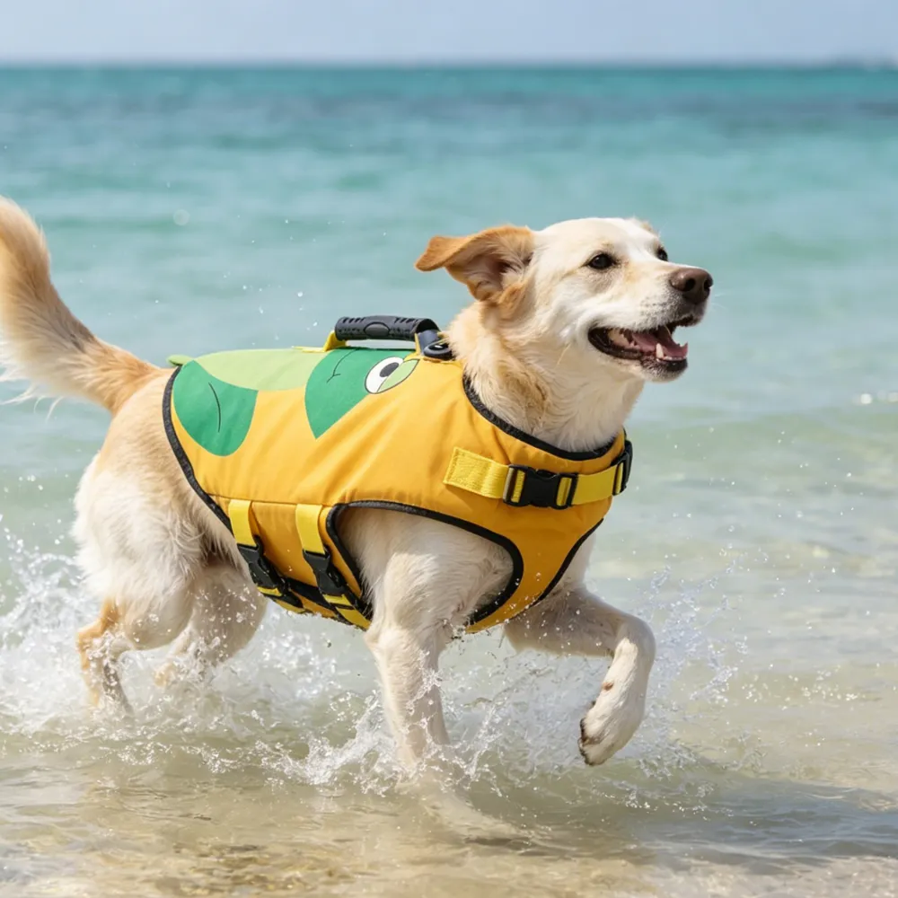 A happy light-colored dog wearing a yellow frog-themed life jacket running through ocean waves at the beach.