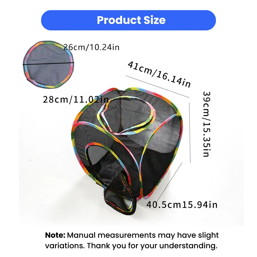 Cube Cat Tent Size and Measurements Detailed dimensions for a square mesh cat tent with rainbow colored edges and a top opening