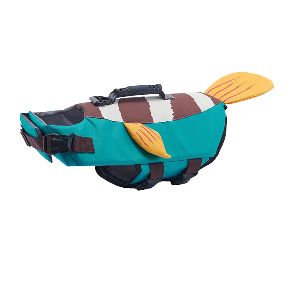 Teal and orange clownfish-themed dog life jacket with white reflective stripes.