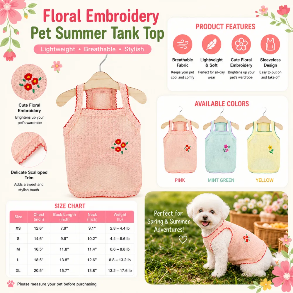 Infographic showing product features like breathable fabric, lightweight feel, floral embroidery, and sleeveless design with size chart