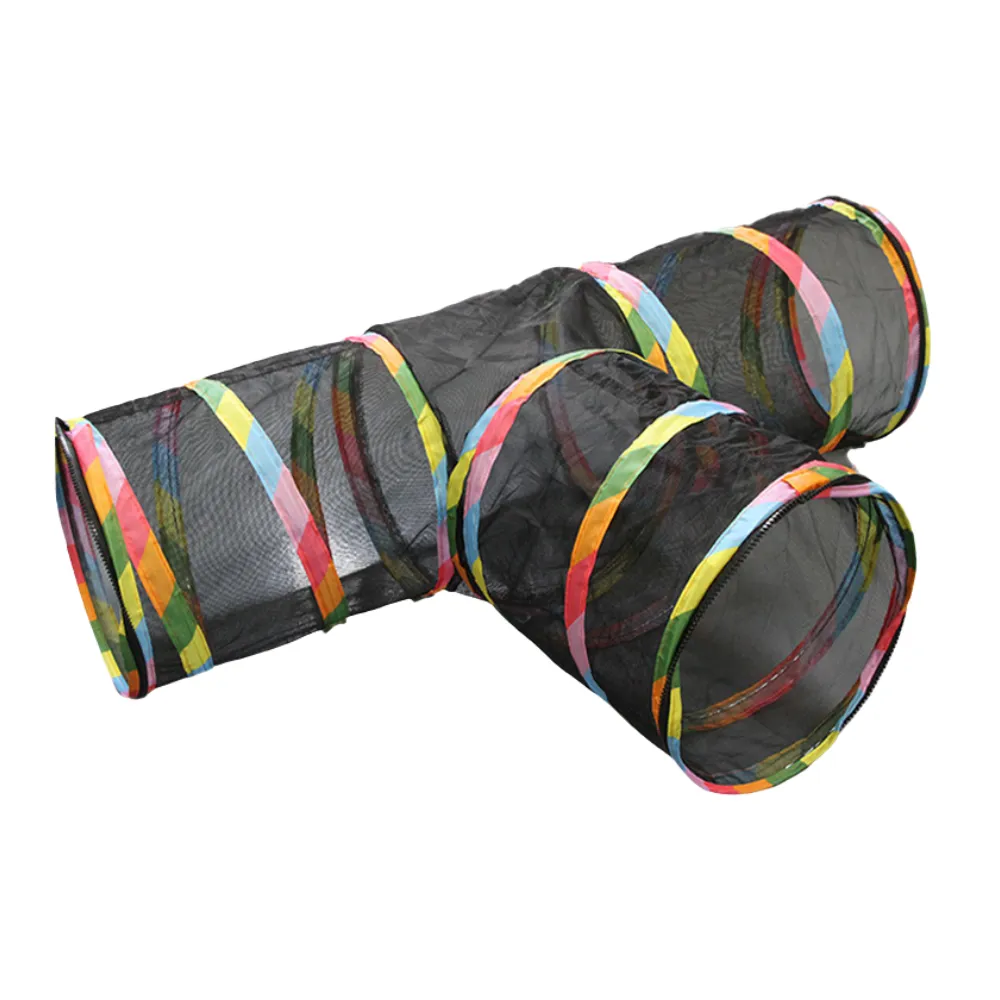 T Shaped Breathable Mesh Cat Tunnel A three way black mesh cat tunnel featuring colorful rainbow striped trim for indoor and outdoor play