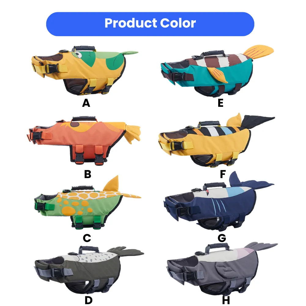 A collection of 8 different animal-themed dog life jackets including shark, mermaid, and clownfish styles.