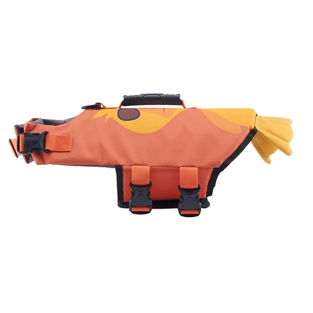Bright orange dog life jacket featuring a mermaid tail and adjustable buckles.