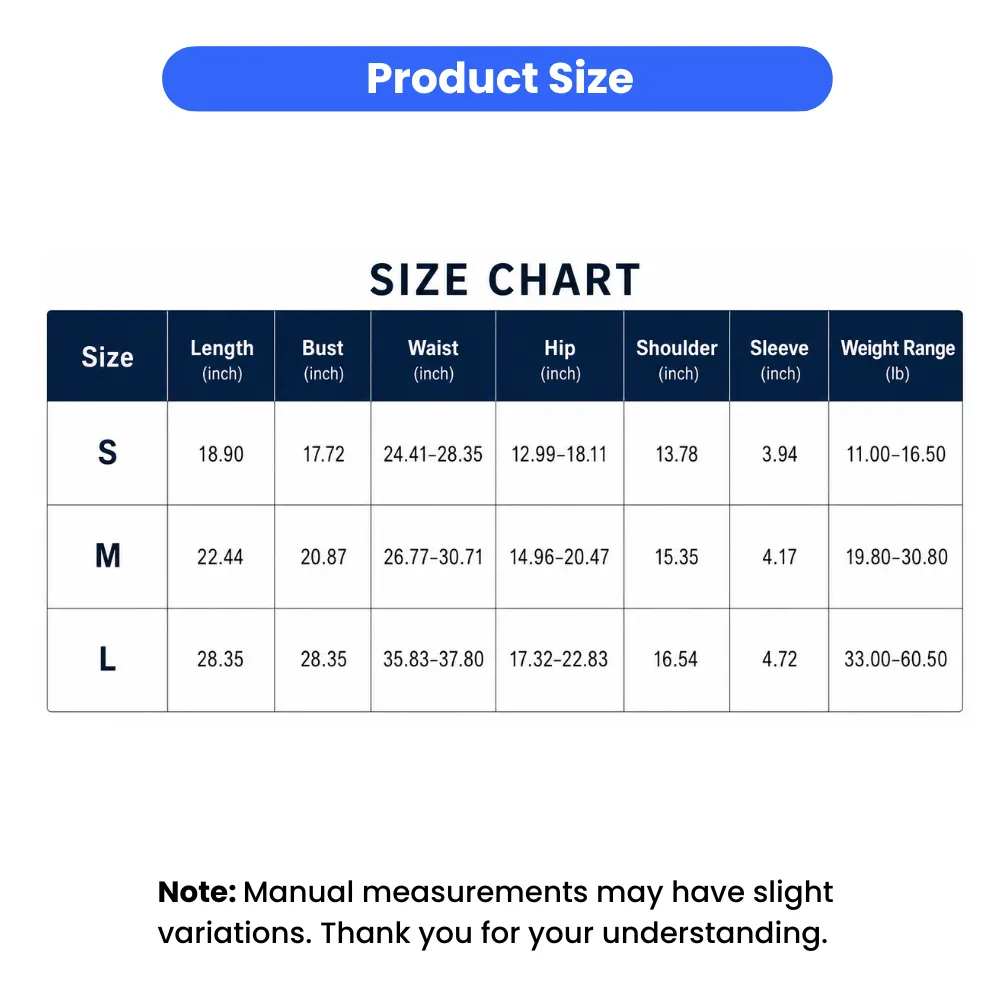 A comprehensive size chart for dog life jackets showing measurements for Small, Medium, and Large sizes in inches and weight in pounds.