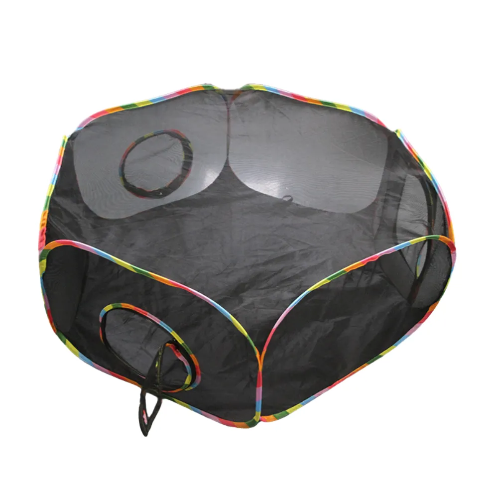 Octagonal Outdoor Mesh Pet Enclosure Large eight sided black mesh playpen for small animals with rainbow striped borders on a white background