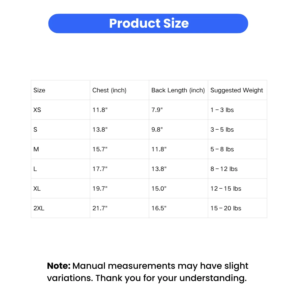 A detailed size guide table for pet clothing showing chest, back length, and weight suggestions from XS to 2XL.