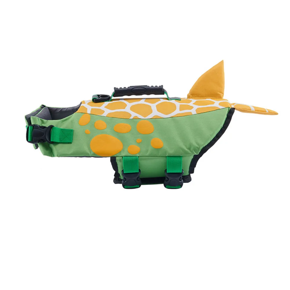 Green and orange turtle-patterned dog flotation vest with a sturdy top handle.