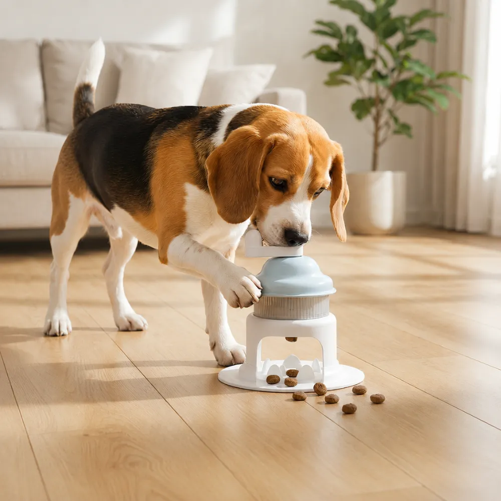Beagle dog interacting with rotating slow feeder treat dispenser toy in modern living room