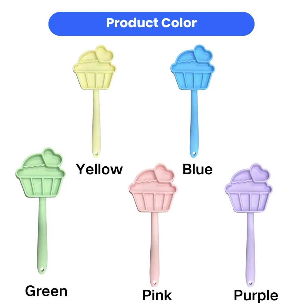 Color options of cupcake-shaped silicone dog licking treat stick available in yellow, blue, green, pink and purple